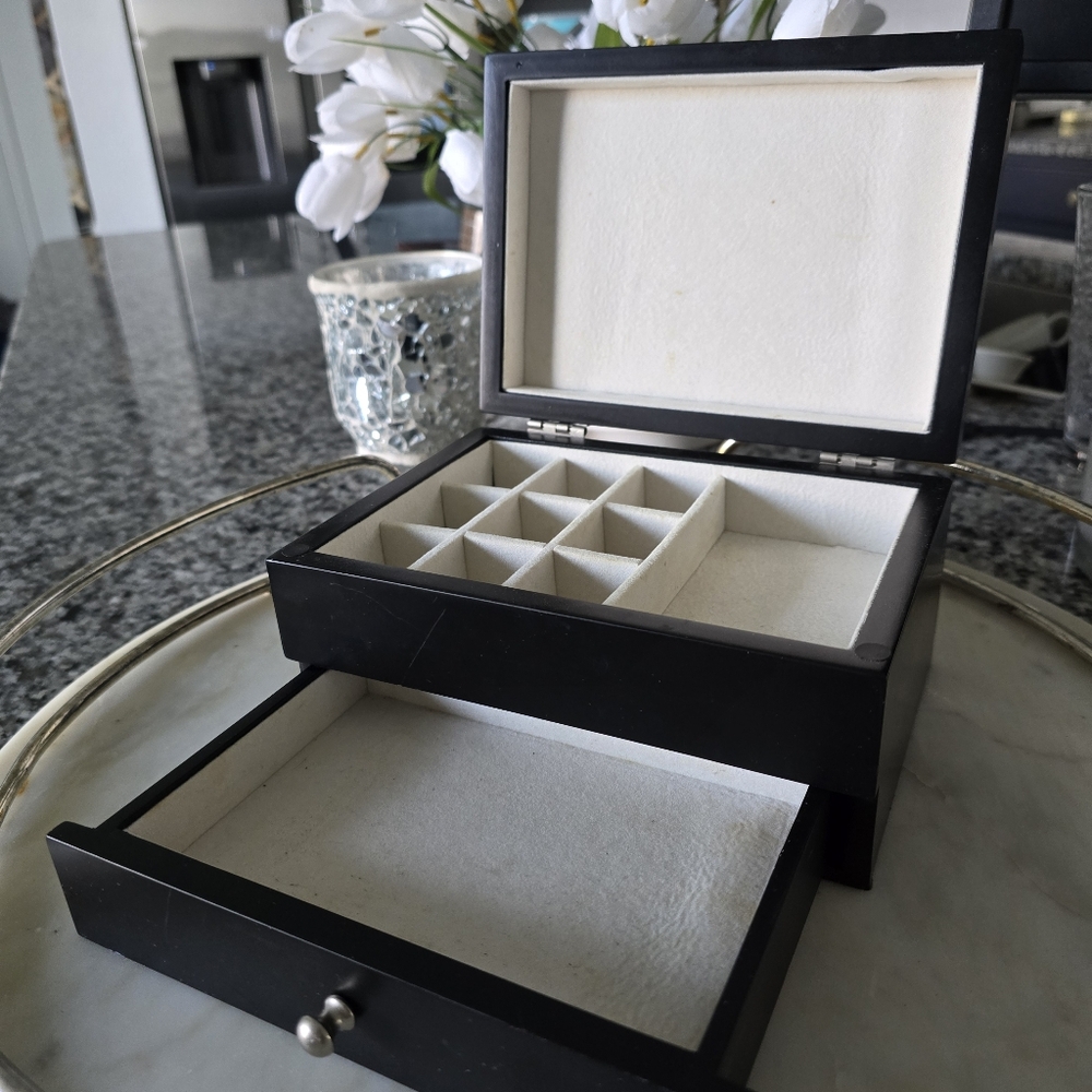Asian Inspired Modern Black Jewelry Box with Velvet Lining